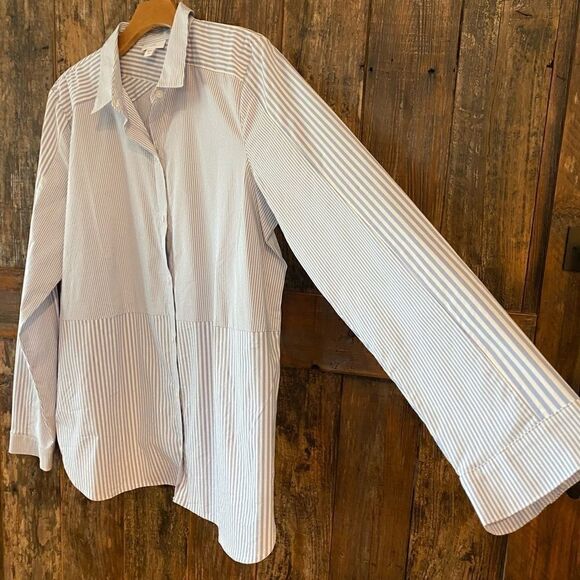 J. Jill Sz L Tall Blue White Pin Striped Casual Cotton Lightweight Tunic - Picture 3 of 10